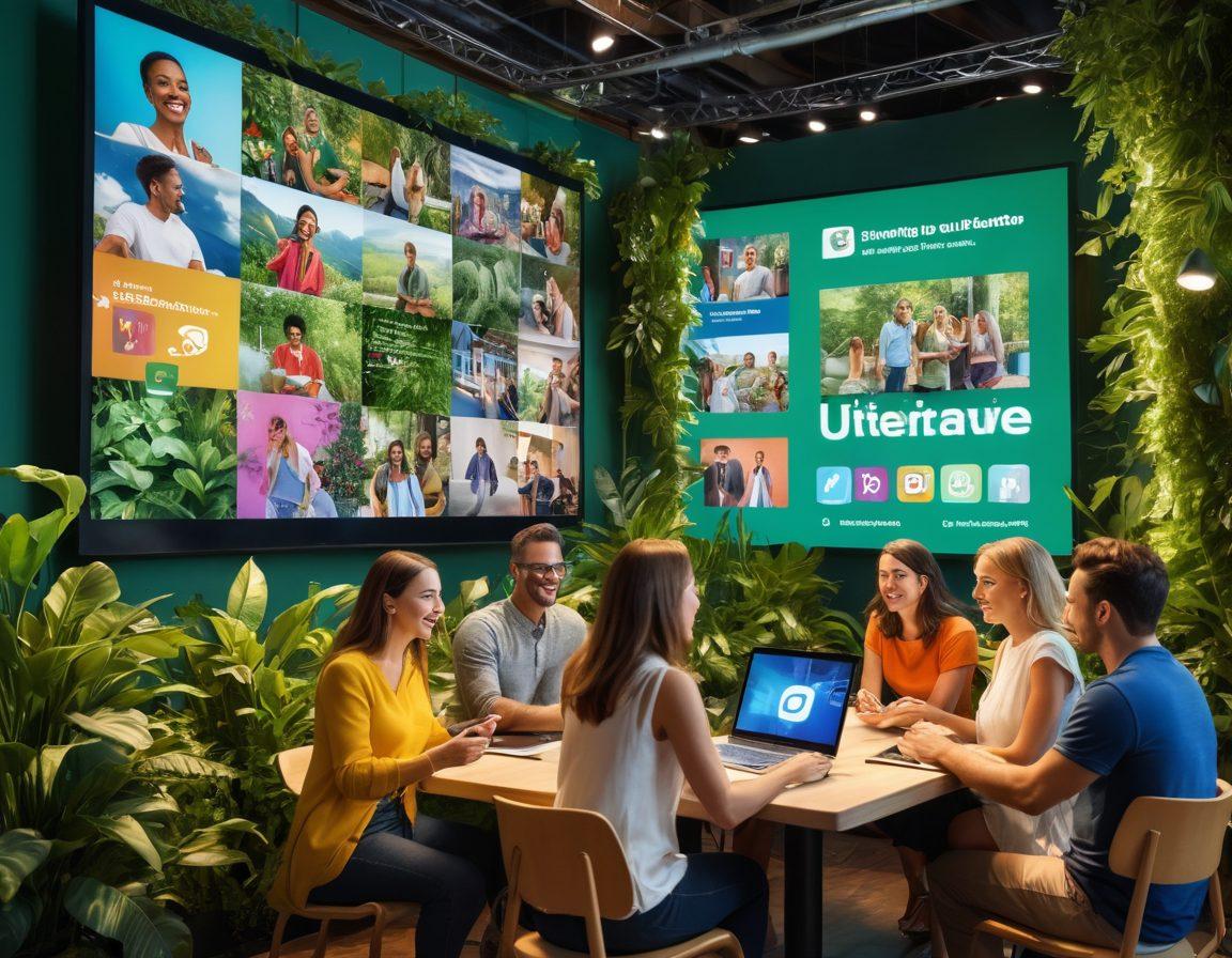 A dynamic scene depicting a diverse group of people engaged in content creation around a large interactive digital screen, showcasing vibrant visuals of social media icons and engagement metrics. In the background, a cozy community setting with plants and cheerful colors, symbolizing connection and collaboration. The atmosphere should be energetic and inviting, inviting viewers to explore the concepts of content creation and social interaction. super-realistic. vibrant colors. 3D.