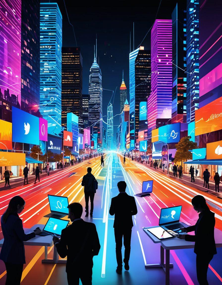 A vibrant digital landscape featuring diverse influencers engaging with their followers on various devices. Include elements like social media icons, colorful graphs depicting engagement metrics, and light trails symbolizing connectivity. The background should blend futuristic cityscapes with a sense of community, illustrating collaboration and networking. super-realistic. vibrant colors. digital art.