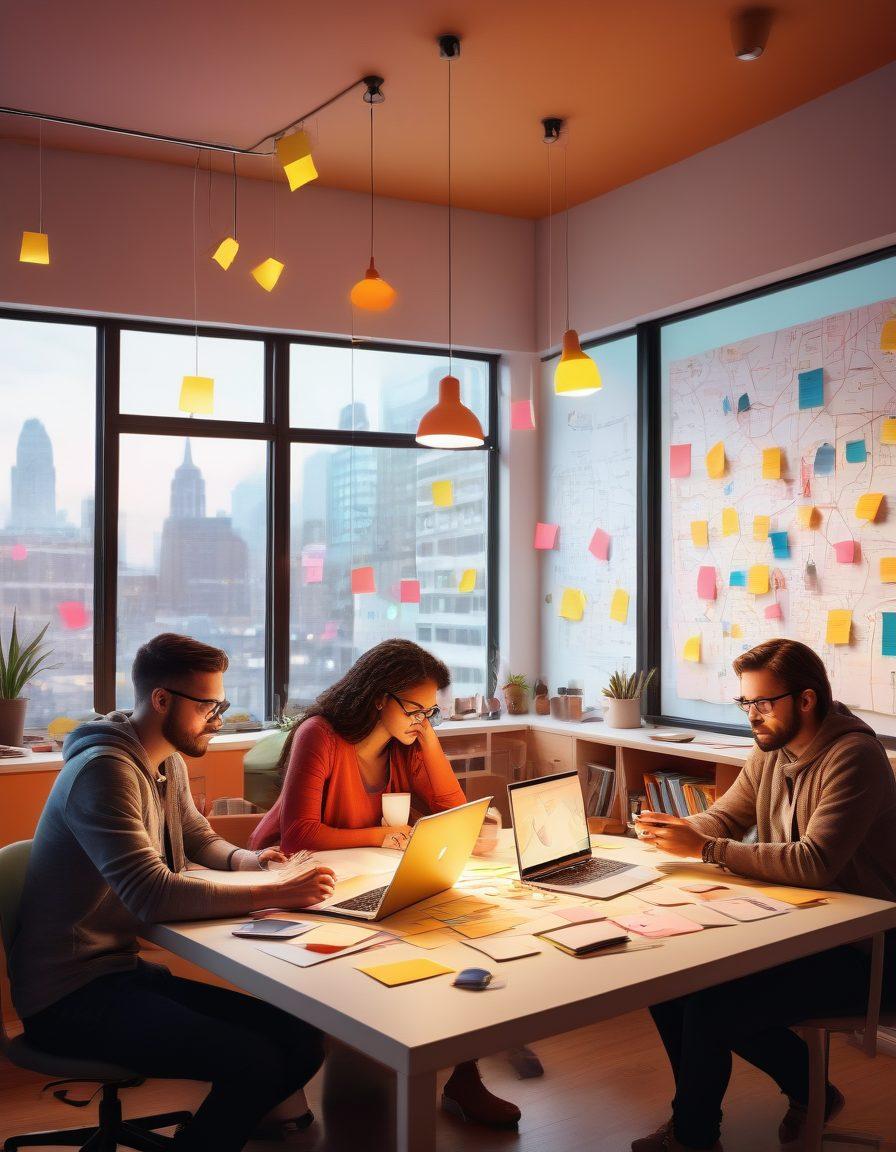 A vibrant and dynamic illustration of a diverse group of bloggers engaging in lively discussions over laptops and smartphones. Show a network map in the background symbolizing connections and influence, with social media icons floating around them. Incorporate elements of creativity like colorful sticky notes and lightbulbs representing ideas. The setting should reflect a modern workspace environment. super-realistic. vibrant colors. 3D.